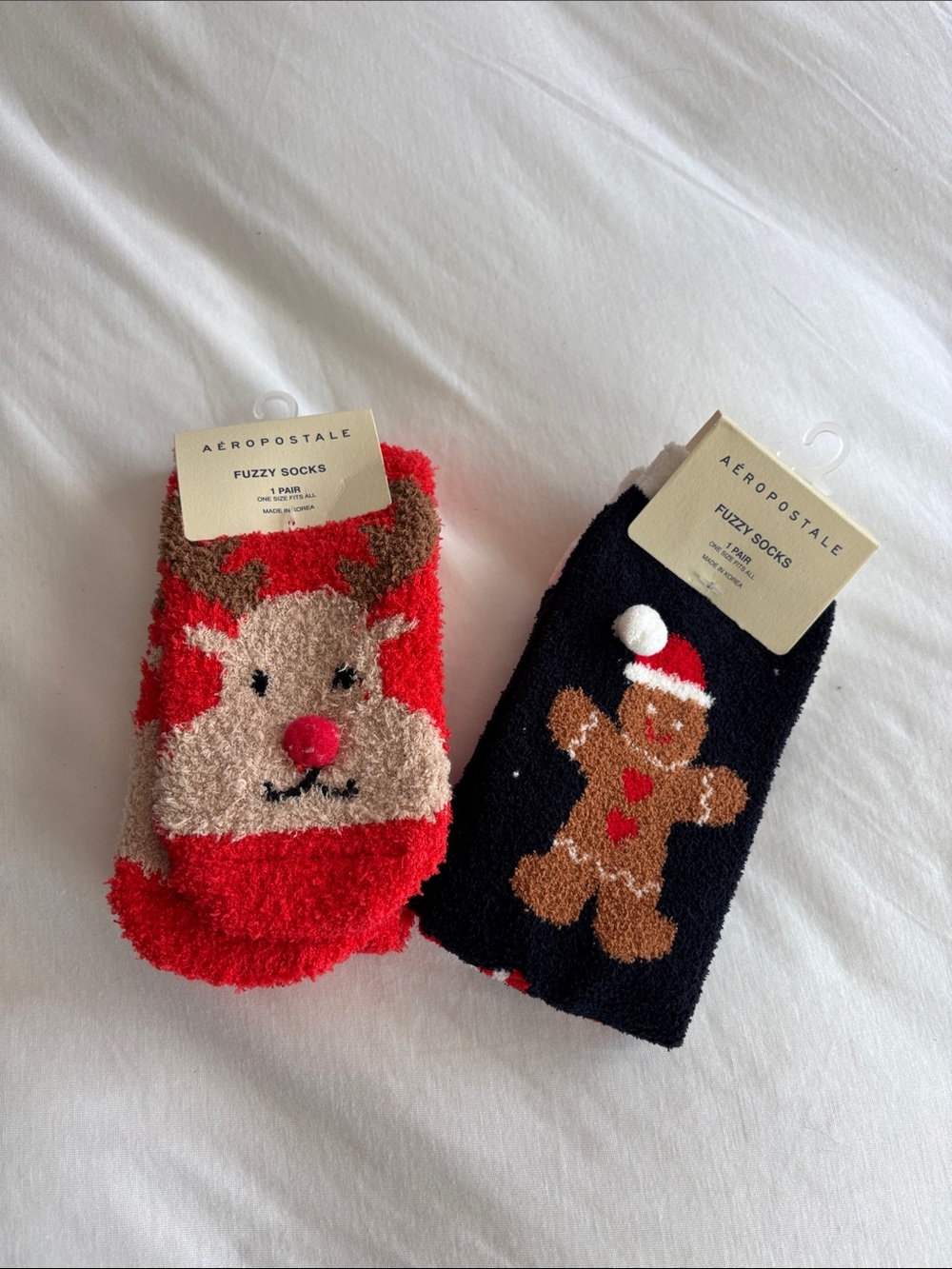Aeropostale Ladies Fuzzy Socks - Red Reindeer & Navy Gingerbread Set of 2